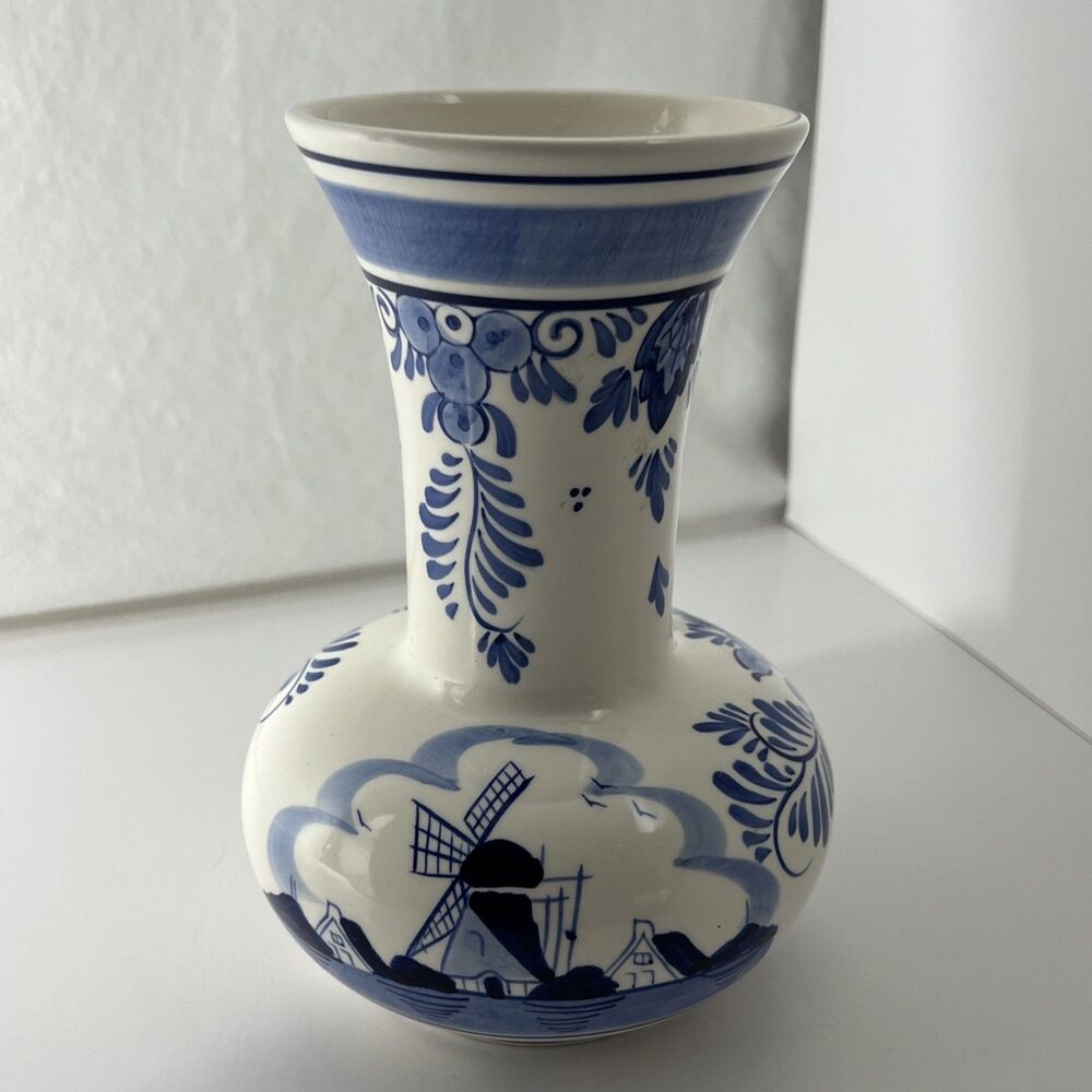 Delfts Blue -  Ceramic Vase - Floral - Windmill - Original